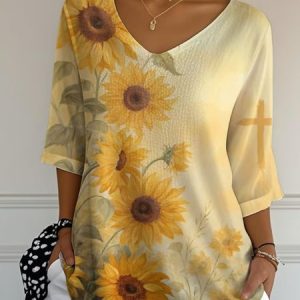 Vintage Sunflower Art Print Crew Neck 3/4 Length Sleeve T-shirt, T-shirts, color:Beige|size:5XL, catalog Noracora shop