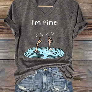 I'm Fine Funny Printing Casual V Neck Short Sleeve T-shirt, T-shirts, color:Light Gray|size:3XL, catalog Noracora shop