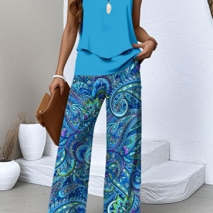 Women Psychedelic Art Two-Piece Set Daily Sleeveless Casual Summer Top With Pants Matching Set, JustFashionNow Suit Set, color:Color2|size:5XL,