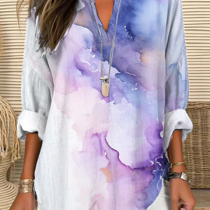 Women Abstract Long Sleeve Blouse Spring/Fall Printing V Neck Daily Casual Top, JustFashionNow Shirts, color:White|size:5XL,