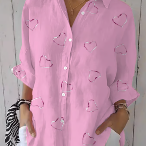 Women Heart/Cordate Three Quarter Sleeve Shirt Spring/Fall Printing Shirt Collar Daily Casual Top, JustFashionNow Shirts, color:Pink|size:5XL,