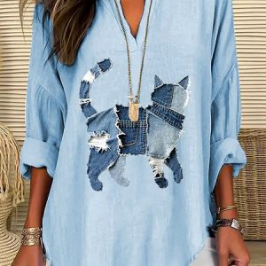 V Neck Long Sleeve Geometric Regular Micro-Elasticity Regular Fit Shirt For Women, T-shirts, color:Light Blue|size:4XL, catalog Noracora shop