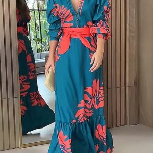 Women Floral Long Sleeve Spring/Fall Printing Dress V Neck Daily Vintage Maxi Ruffle Skirt A-Line Dress, JustFashionNow Dresses, color:Lake Blue|size:3XL,