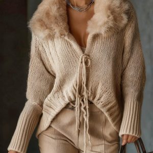 Urban Plain Long Sleeve Fur Collar Sweater, Cardigans, color:Beige|size:XXL, Stylewe