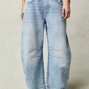 Buckle Cotton Loose Casual Women's Loose Wide Leg Pants Mid-low Rise Washed Scimitar Pants Jeans, JustFashionNow Jeans, color:Blue|size:XXL,