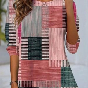 Vintage Geometric Crew Neck Long Sleeve T-shirt, T-shirts, color:Pink|size:5XL, catalog Noracora shop
