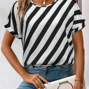 Women Striped Short Sleeve Tee T-shirt Crew Neck Printing Casual Summer Graphic Tee Top, JustFashionNow T-Shirts, color:Black-white|size:4XL