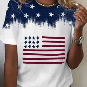 Women Independence Day (Flag) Short Sleeve Tee T-shirt Crew Neck Printing Casual Summer Graphic Tee Top, JustFashionNow T-Shirts, color:White|size:4XL