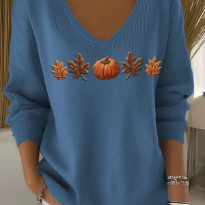 Women Floral Spring/Fall Casual Long Sleeve V Neck Cotton Sweater, JustFashionNow Sweaters, color:Blue|size:4XL,