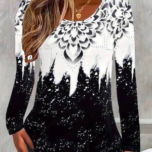 Women Floral Long Sleeve Tee T-shirt Crew Neck Casual Spring/Fall Top, JustFashionNow T-Shirts, color:As Picture|size:4XL,