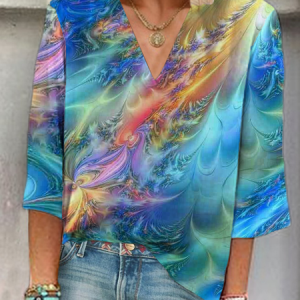 Women Abstract Three Quarter Sleeve Blouse Spring/Fall Printing V Neck Daily Casual Top, JustFashionNow Blouses, color:Blue|size:XXL,