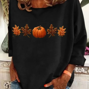 Casual Halloween Pumpkin Maple Leaf Print Crew Neck Long Sleeve T-shirt, Blouses, color:Black|size:5XL, catalog Noracora shop