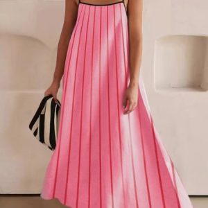 Women Striped Sleeveless Summer Split Joint Dress Square Neck Daily Vintage Maxi Tank A-Line Dress, JustFashionNow Dresses, color:Red|size:XL,