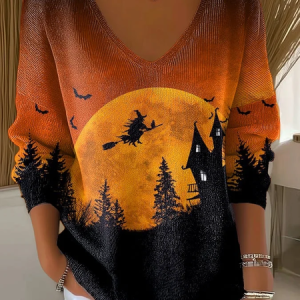 Women Halloween Long Sleeve Tee T-shirt V Neck Printing Casual Spring/Fall Top, JustFashionNow T-Shirts, color:As Picture|size:4XL