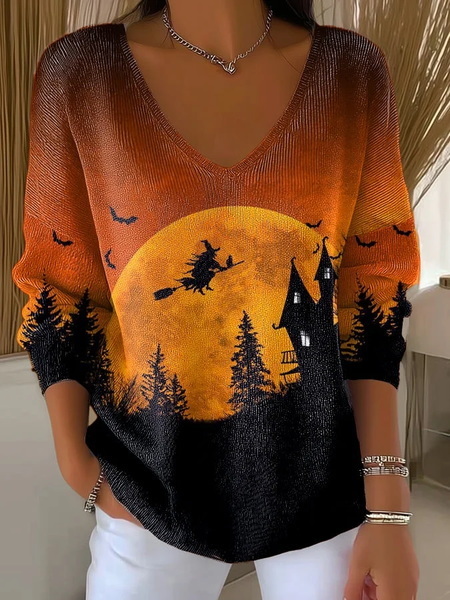 Women Halloween Long Sleeve Tee T-shirt V Neck Printing Casual Spring/Fall Top, JustFashionNow T-Shirts, color:As Picture|size:4XL