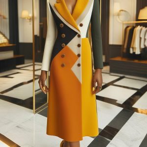 Urban Colorblock Printing Lapel Collar Knee Length Dress, Midi Dresses, color:As Picture|size:XXL, Stylewe