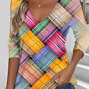 Vintage Geometric V Neck Long Sleeve T-shirt, T-shirts, color:Yellow|size:XXL, catalog Noracora shop