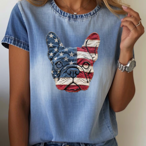 Women Dog Short Sleeve Tee T-shirt Crew Neck Printing Casual Summer Graphic Tee Top, JustFashionNow T-Shirts, color:Blue|size:4XL