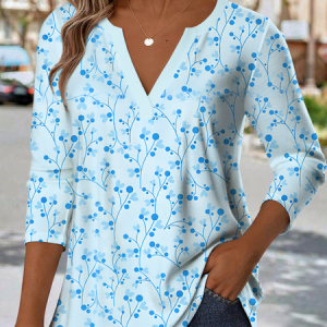 V Neck Long Sleeve Geometric Regular Medium Elasticity Loose Blouse For Women, Blouses, color:Blue|size:XXL, catalog Noracora shop