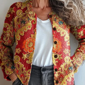 Women Floral Printing Long Sleeve Crew Neck Vintage Spring/Fall Cardigan Outerwear, JustFashionNow Cardigans, color:Red|size:5XL,