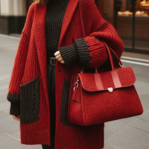 Yarn/Wool Yarn Urban Color Block Buttoned Cross Neck Cardigan, Cardigans, color:Red|size:XXL, Stylewe