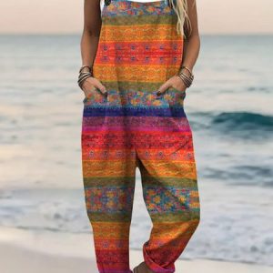 Women Striped Square Neck Gallus Casual Summer Cotton And Linen Jumpsuit, Jumpsuits&Rompers, color:Red|size:4XL, catalog Noracora shop