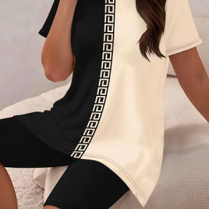 Women Geometric Printing Two-Piece Set Daily Short Sleeve Casual Summer Top With Pants Matching Set, JustFashionNow Suit Set, color:Black|size:XXL,