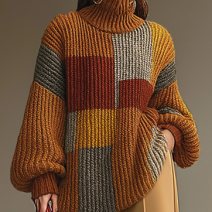 Urban Plaid Turtleneck Sweater, Pullovers, color:Brown|size:XXL, Stylewe