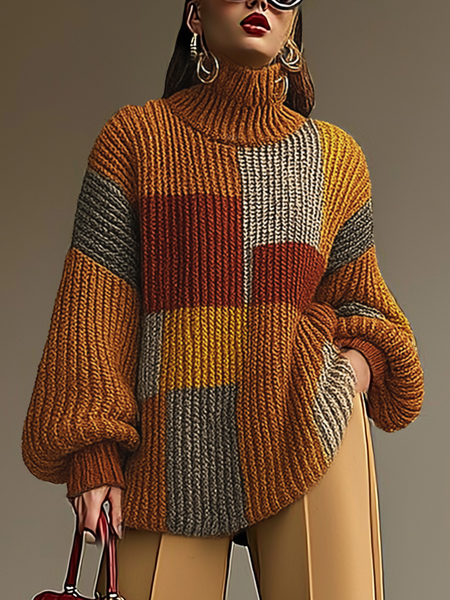 Urban Plaid Turtleneck Sweater, Pullovers, color:Brown|size:XXL, Stylewe