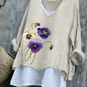 Vintage Floral V Neck Long Sleeve T-shirt, T-shirts, color:Apricot|size:4XL, catalog Noracora shop