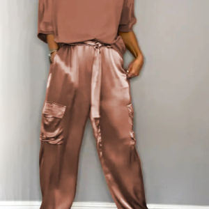 Women Plain Pocket Stitching Two-Piece Set Daily Half Sleeve Casual Summer Top With Pants Matching Set, JustFashionNow Suit Set, color:Deep Brown|size:5XL,