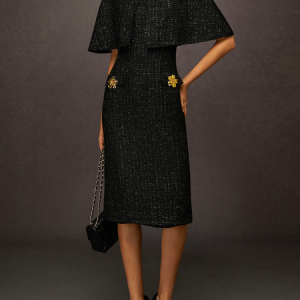 Elegant Tweed Crew Neck Midi Dress with Decorative Buttons, Midi Dresses, color:Black|size:XXL, Stylewe