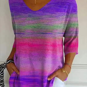 Casual Abstract Stripes V Neck Three Quarter Sleeve T-shirt, T-shirts, color:Purple|size:5XL, catalog Noracora shop