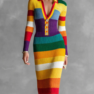 Urban Color Block Buttoned Sweater Midi Dress, Midi Dresses, color:As Picture|size:XXL, Stylewe