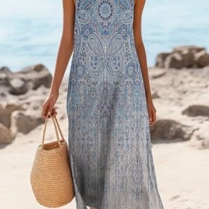Women Paisley Summer Dress Crew Neck Sleeveless A-Line Dress, Dresses, color:Blue|size:4XL, catalog Noracora shop