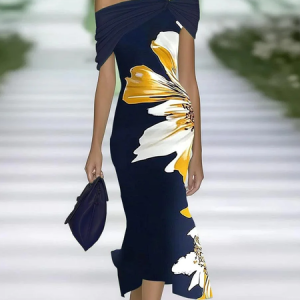 Women Floral Cap Sleeve Summer Printing Dress Cold Shoulder Daily Vintage Maxi H-Line Dress, JustFashionNow Casual Dresses, color:Purplish Blue|size:4XL,