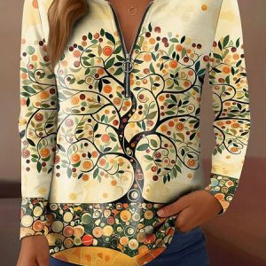Vintage Tree V Neck Long Sleeve T-shirt, T-shirts, color:Yellow|size:5XL, catalog Noracora shop