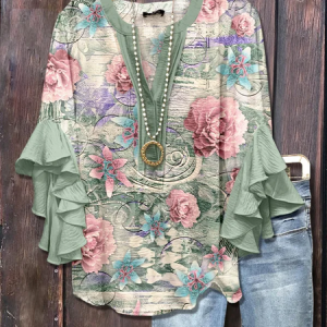 V Neck Half Sleeve Floral Printing Regular Loose Shirt For Women, Blouses, color:Green|size:5XL, catalog Noracora shop