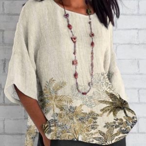 Women Blouse Casual Coconut Tree Print Crew Neck Long Sleeve Comfy T-shirt, T-shirts, color:Apricot|size:4XL, catalog Noracora shop