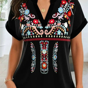 Notched Half Sleeve Ethnic Regular Loose Blouse For Women, Blouses, color:As Picture|size:4XL, catalog Noracora shop