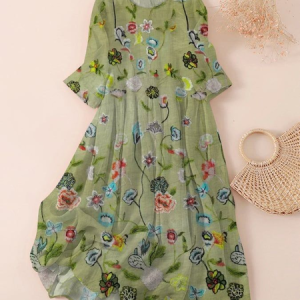 Women Floral Spring/Fall Printing Dress Crew Neck Three Quarter Sleeve Classic H-Line Dress, Dresses, color:Green|size:5XL, catalog Noracora shop