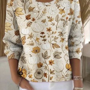 Women Cotton Floral Long Sleeve Comfy Vintage Sweater, Sweaters, color:Apricot|size:4XL, catalog Noracora shop