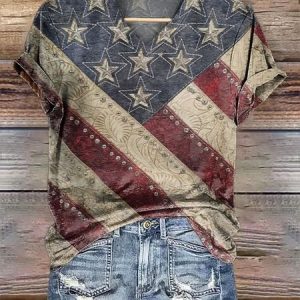 V Neck Long Sleeve America Flag Regular Micro-Elasticity Regular Fit Shirt For Women, T-shirts, color:Red-black|size:4XL, catalog Noracora shop