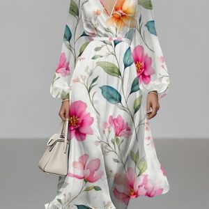 Women Floral Puff Sleeve Spring/Fall Dress V Neck Long Sleeve A-Line Dress, Dresses, color:White|size:4XL, catalog Noracora shop