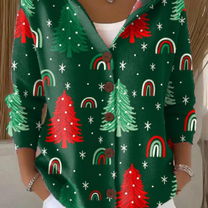 Women Christmas Printing Long Sleeve Hoodie Casual Spring/Fall Cardigan Outerwear, JustFashionNow Cardigans, color:Green|size:4XL,