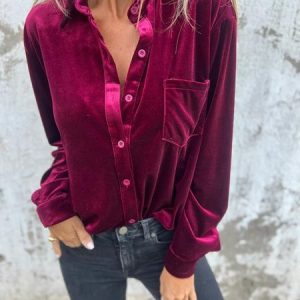 Women Plain Long Sleeve Shirt Spring/Fall Split Joint V Neck Daily Casual Top, JustFashionNow Blouses, color:Fuchsia|size:3XL,
