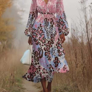 Women Floral Puff Sleeve Spring/Fall Dress V Neck Long Sleeve A-Line Dress, Dresses, color:Color5|size:5XL, catalog Noracora shop