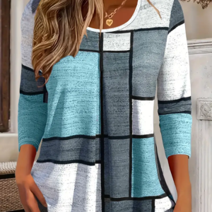 Women Plaid Long Sleeve Tee T-shirt Crew Neck Printing Casual Spring/Fall Graphic Tee Top, JustFashionNow T-Shirts, color:Blue|size:XXL,