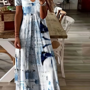 Women Abstract Short Sleeve Summer Printing Dress V Neck Daily Casual Maxi X-Line Dress, JustFashionNow Casual Dresses, color:White|size:3XL,