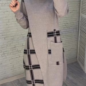 Casual Plaid Asymmetric Mock Neck Sweater Knee Length Dress, Midi Dresses, color:As Picture|size:XXL, Stylewe